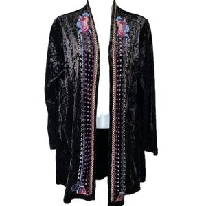 Tribal Jeans Embroidered Velvet Duster Cardigan Boho Artsy Black Large
